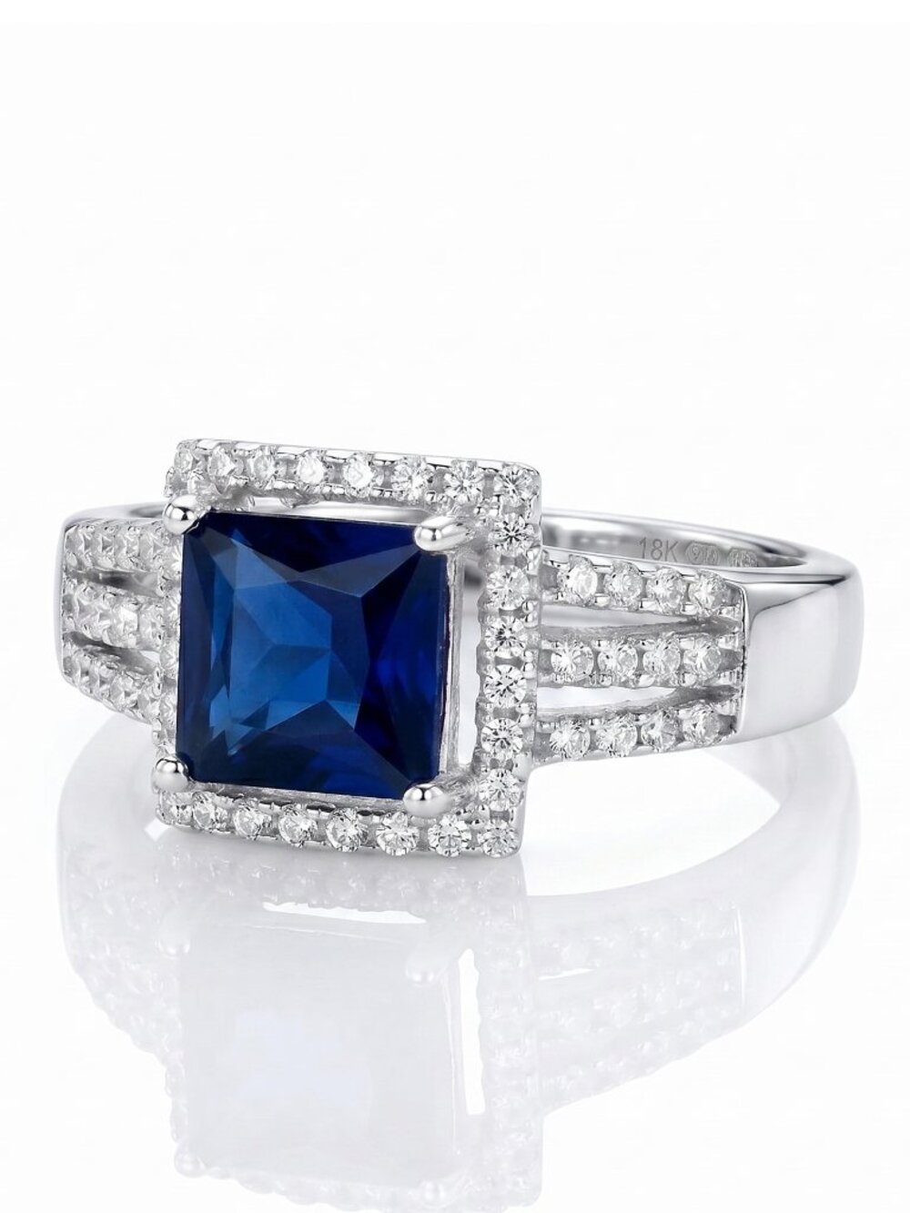 Princess Cut Blue Sapphire Halo Ring, 925 Sterling Silver Charmed Aroma